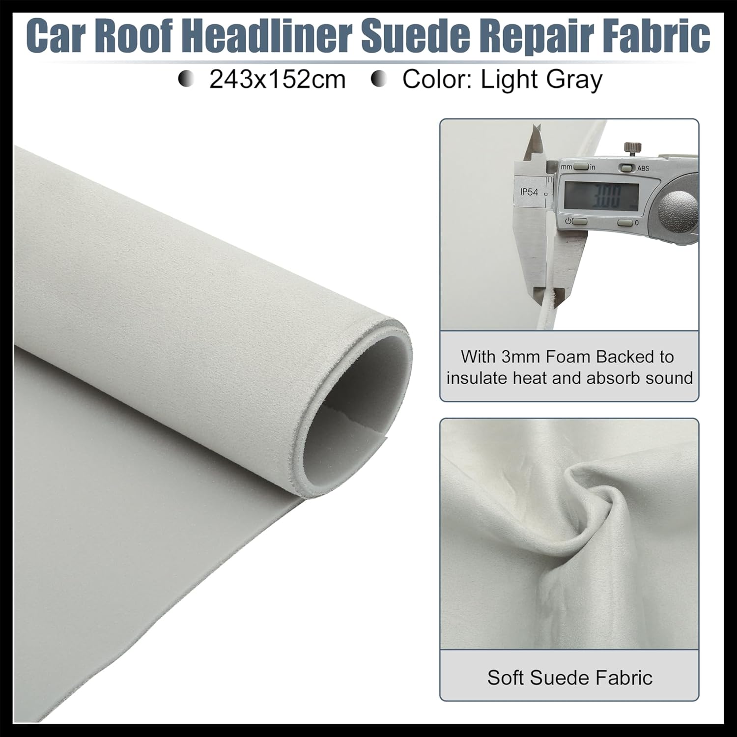 Suede Headliner Fabric 96" Length x 60" Width Foam Backed for Car Truck RV SUV Interior Trim Protect Aging Broken Faded DIY Repair Light Gray Durable Material