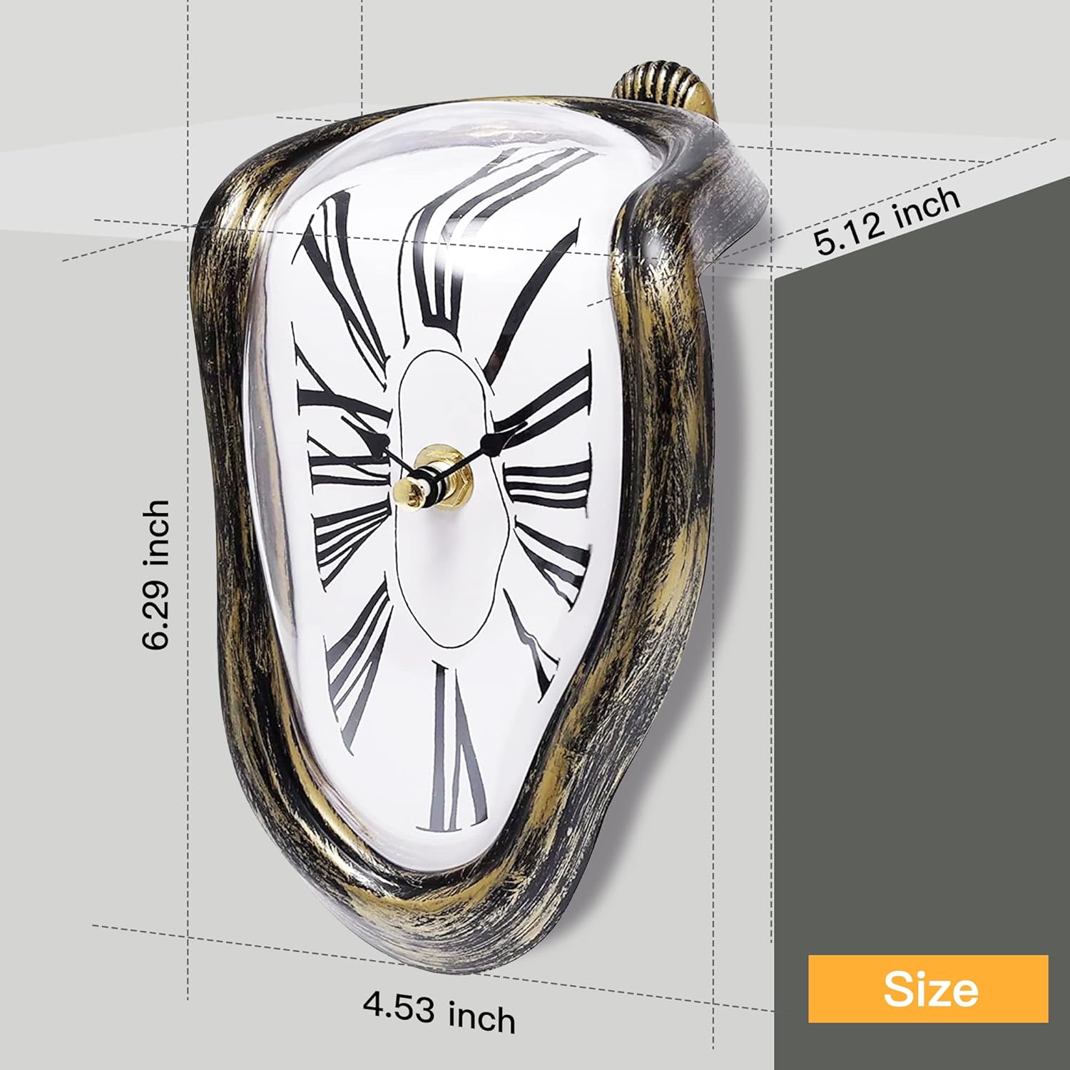 Melting Clock Dali Melted Clock Gift Decor Art Inspired Wall Clock Twisted Shelf Hanging Surrealist for Decorative Shop Office Home Desk Roman Antique Gold…