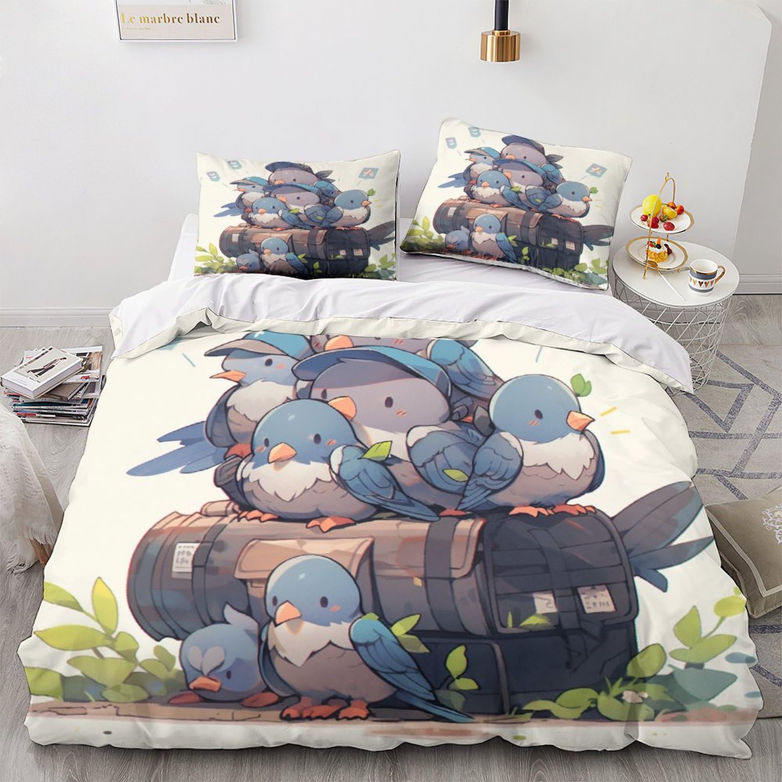 Housse de couette pigeon 3D 200x200cm avec taie d'oreiller en microfibre pour lit double