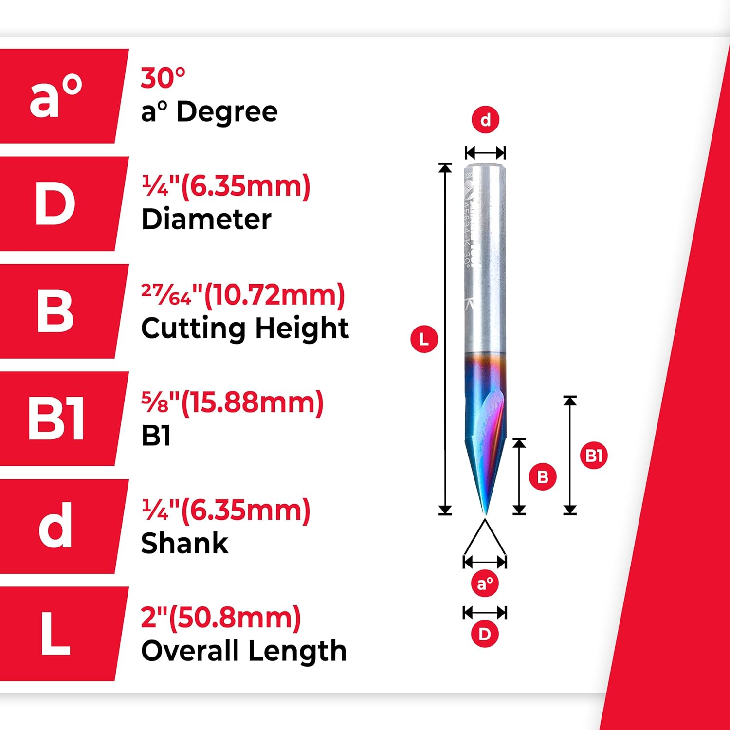 Amana Tool Spektra Extreme Tool Life Coated Solid Carbide V-Groove Router Bit, 45634-K, 30 Degree x 1/4 D x 27/64 CH x 1/4 Inch Shank 3-Flute