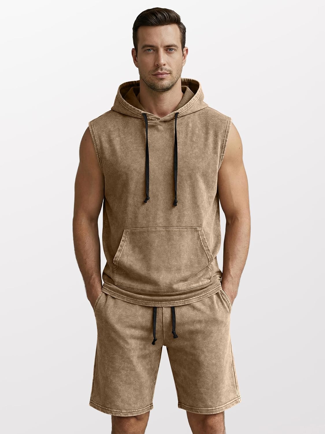 JMIERR Mens Track Suits 2 Piece Set Casual Sleeveless Hoodie Tank Top and Shorts Acid Wash Cotton Gym Sweatsuits