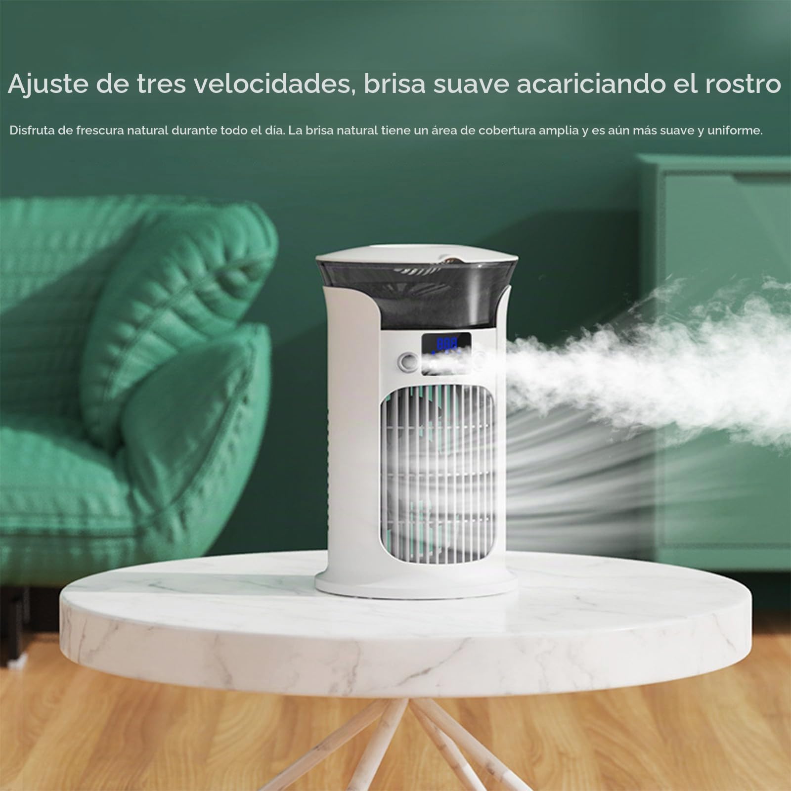 Enfriador de Aire Silencioso Evaporativo, Refrigeración por Bruma Fría, 3 Velocidades de Ventilación, Tanque de Agua de 880ml, Sin Tubo de Escape, Para Habitación, Oficina, Camping (Blanco)