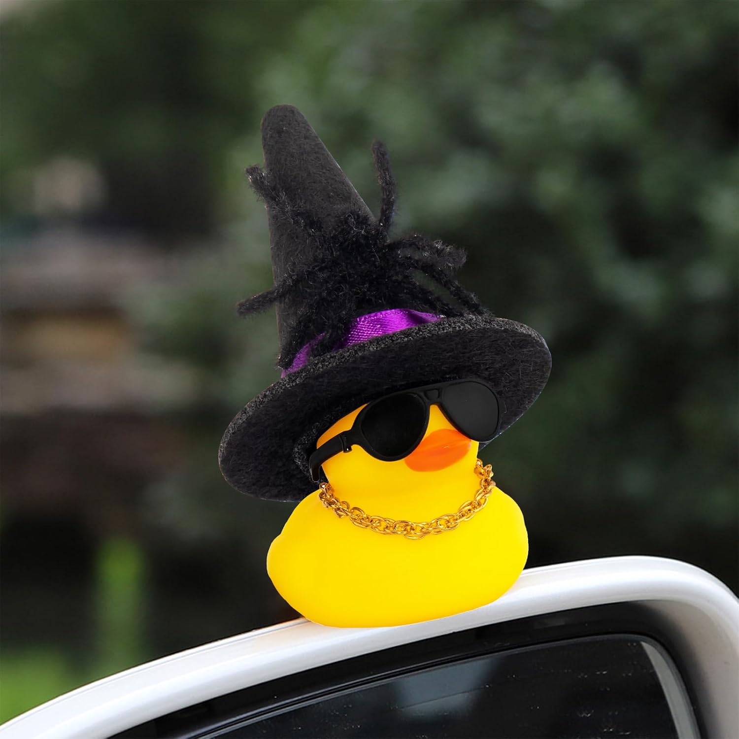 wonuu Halloween Rubber Duck Witch Duck Car Decorations Spider Halloween Accessories Witch Hat Sunglasses and Necklace, Black