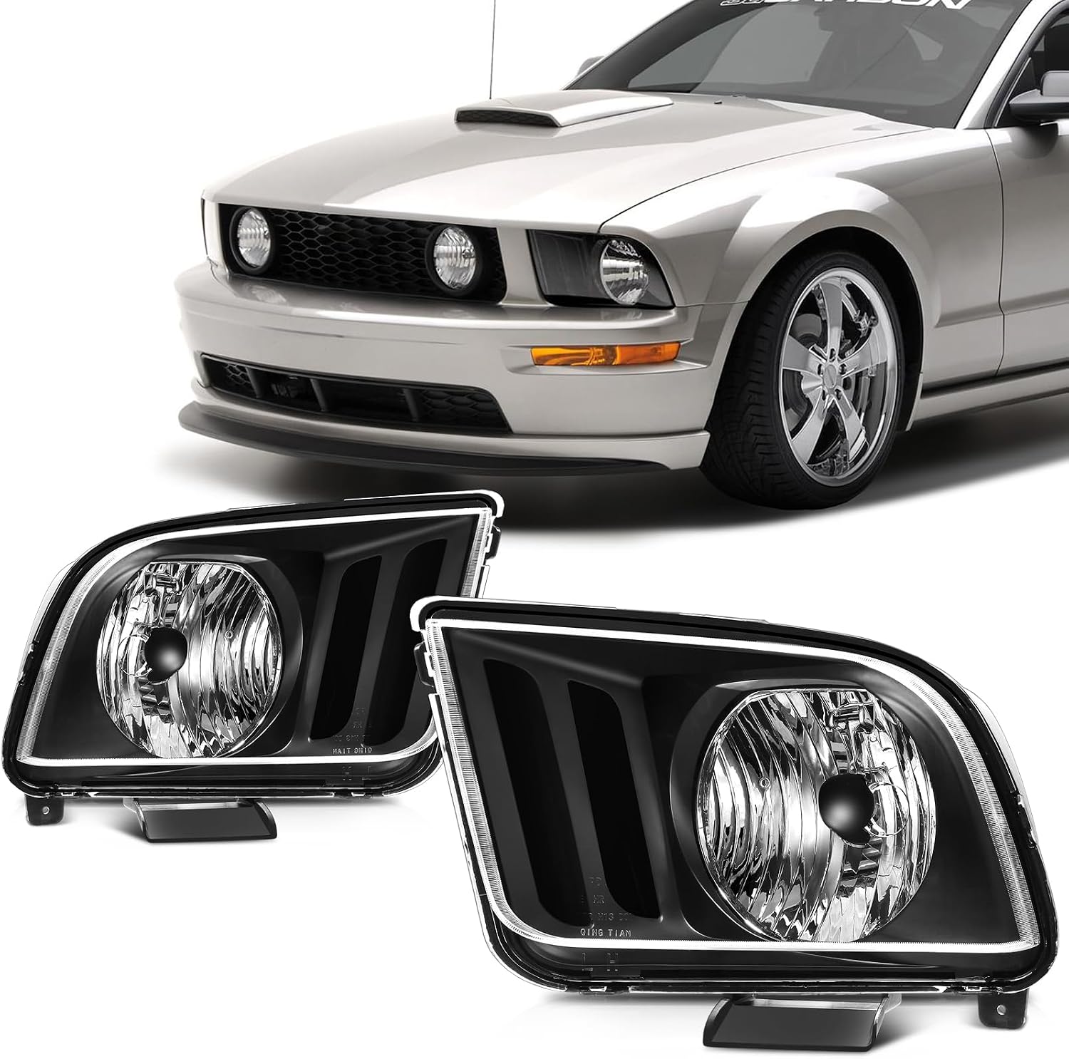 SCITOO Headlights For Ford For Mustang 2005-2009 Headlamps Black Housing Clear Lens Driver and Passenger Side