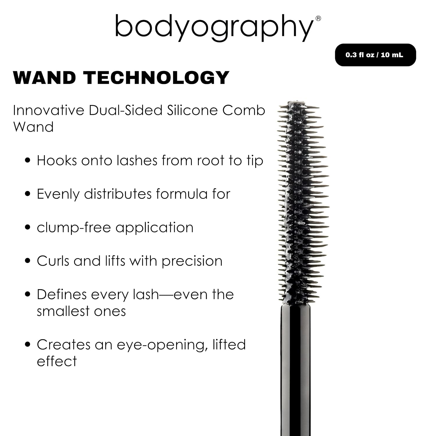 Bodyography Jet-Black Lengthening & Curling Mascara | Dual-Sided Silicone Comb Wand for Volume & Lift | Infused with Provitamin B5 for Conditioning | Smudge-Free, Flake-Free, Buildable Formula