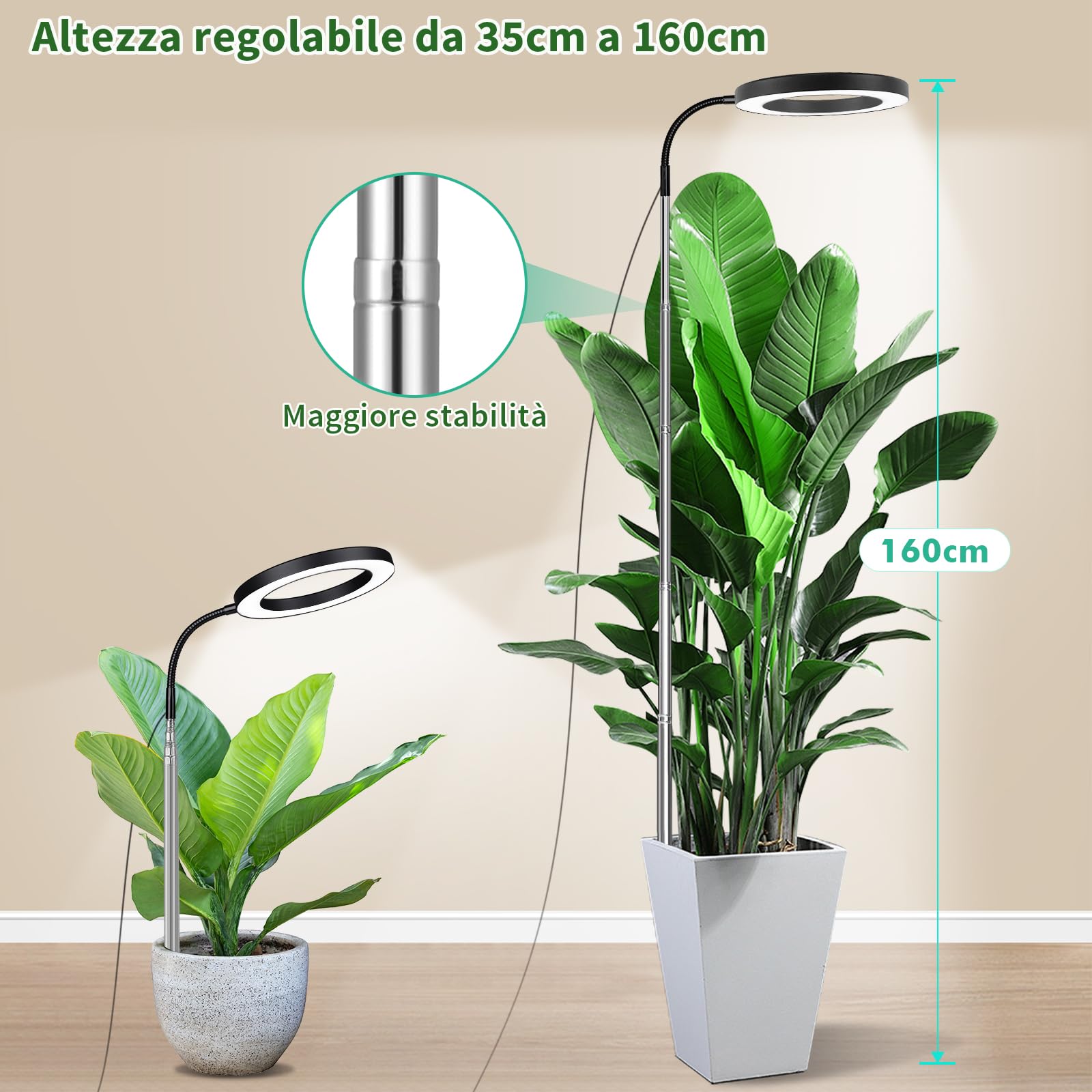 Lampada Per Piante, 72 LEDs Luce Di Coltivazione a Spettro Completo, Grandi 160cm Luce Per Piante Da Interno Regolabile in Altezza Con Timer 3/9/12H, Collo d'oca a 360°, 10 Luminosità, 3 Modalità