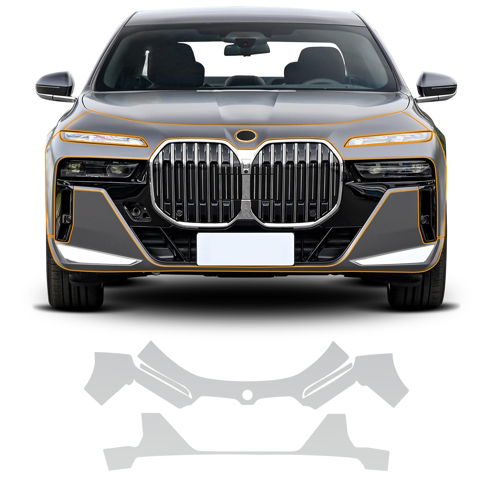 PPF Lackschutzfolie für BMW 7er G70 i7 2023 2024 8.5mil TPU Vorgeschnittene Selbstklebende Lackschutzfolie Transparent Zubehör (Frontbügel+Scheinwerfer 4Stück)