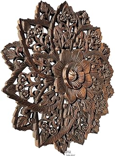 Water Lilly Round Wood Carved Wall Art. Tropical Bali Floral Rustic Home Decor. 24" Extra Thick (Dark Brown)