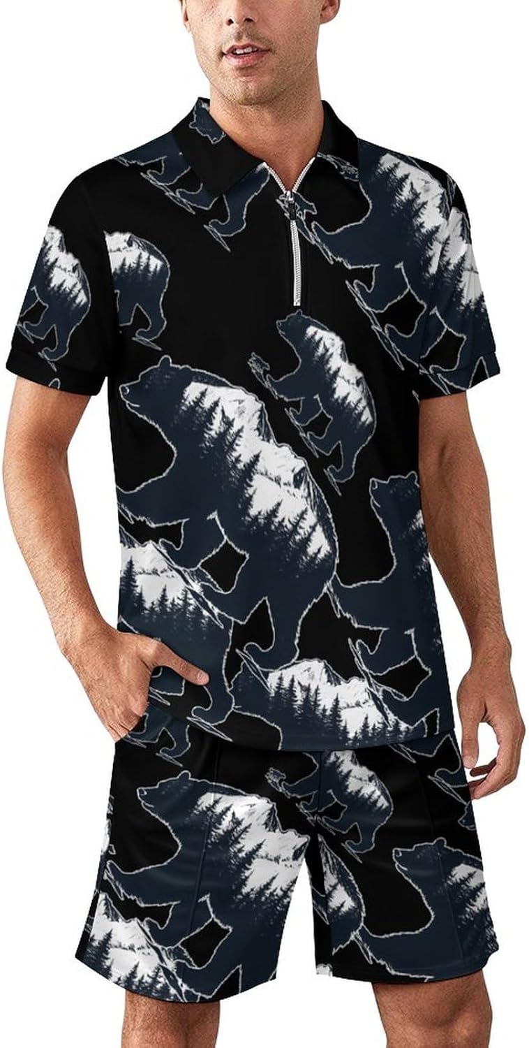 Bear And Wolf in Mountains Mens Polo Shirts Track Suits 2 Piece Short Sleeve Sweatsuit 1/4 Zip Golf Loungewear for Sports