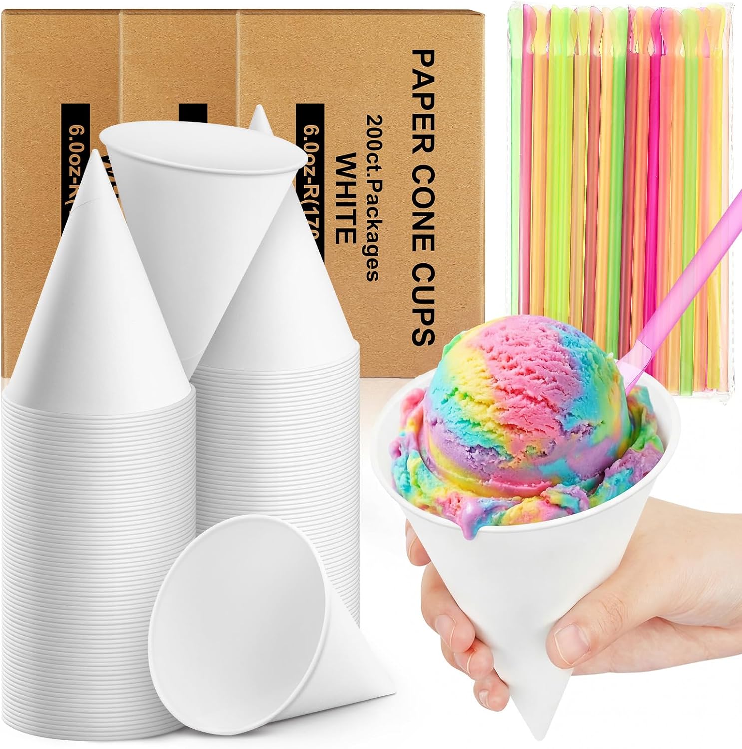 Roshtia 600 Pcs 4oz Snow Cone Cups with Straw Spoon Thicken Disposable Cone Cup Pull Type Wall Mount for Restaurants Home Office and Shaved Ice (Clear,Plastic)