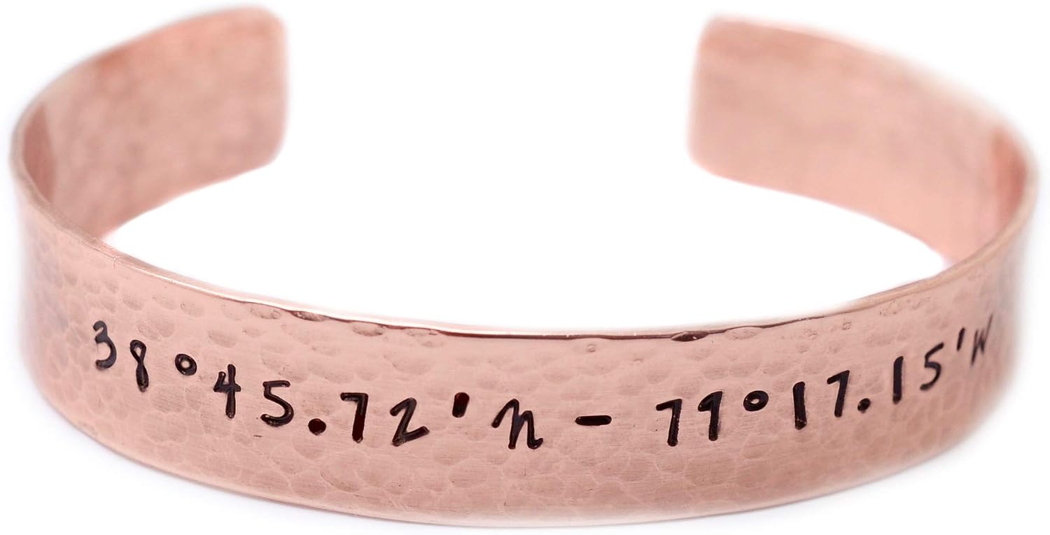 Coordinates Copper Cuff Bracelet, Custom Latitude Longitude GPS Location, Personalized Valentines Present for Her