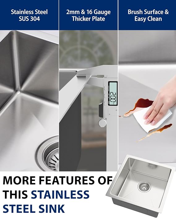 304 Stainless Steel Kitchen Sink 40 x 40 cm | Undermount Single Bowl Campervan Sink Workstation Sink with Waste Kit, Drain pipe and Pull-out Drainer Basket