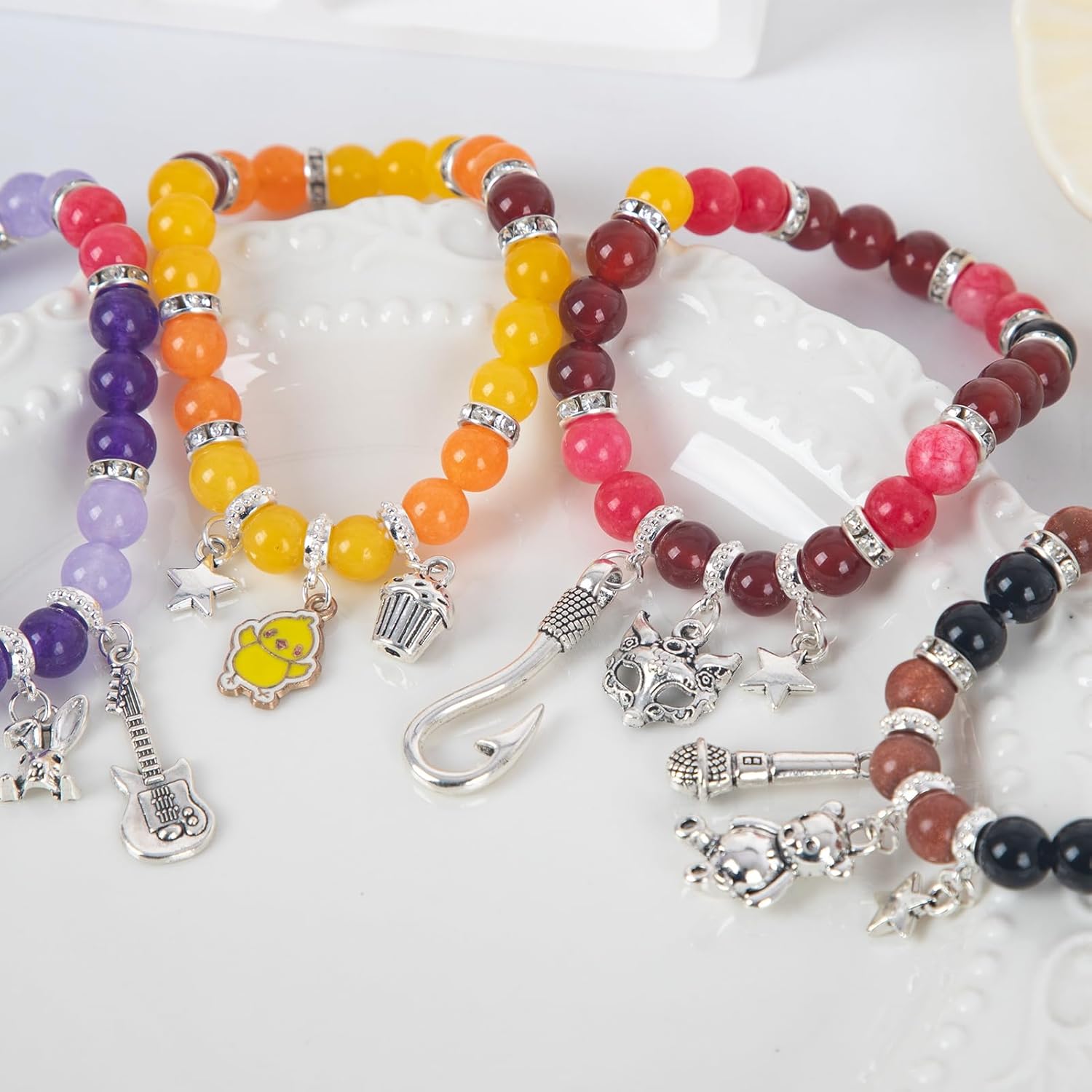 JUNIQUTE FNAF Game Inspired Bracelet for Women - 4PCS Charm Bracelet with Translucent Stone Beads & Metal Prop Charms, Pulseras Para Mujer, Birthday Valentines Gifts