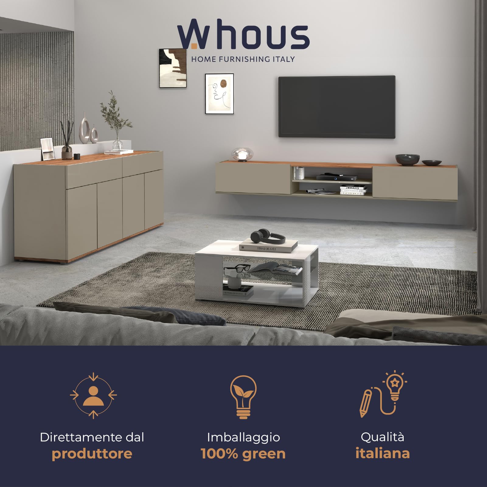 WHOUS Credenza e Buffet GARDA per Soggiorno con 2 Cassetti e 4 Ante, Madia per Salotto, Cucina e Sala da Pranzo in Legno, 160,1x35x70 cm, Tortora Opaco e Rovere