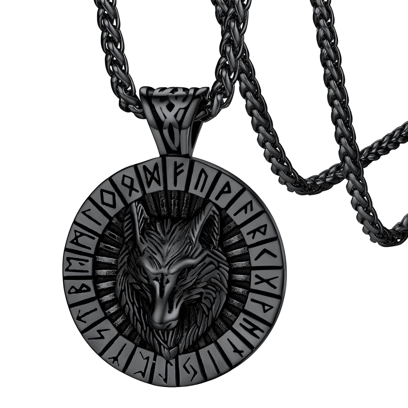 Viking Wolf Necklace for Men, Vintage Style Norse Runes Wolf Head/Fenrir Pendant Necklaces Stainless Steel/Gold/Black, Nordic Gifts