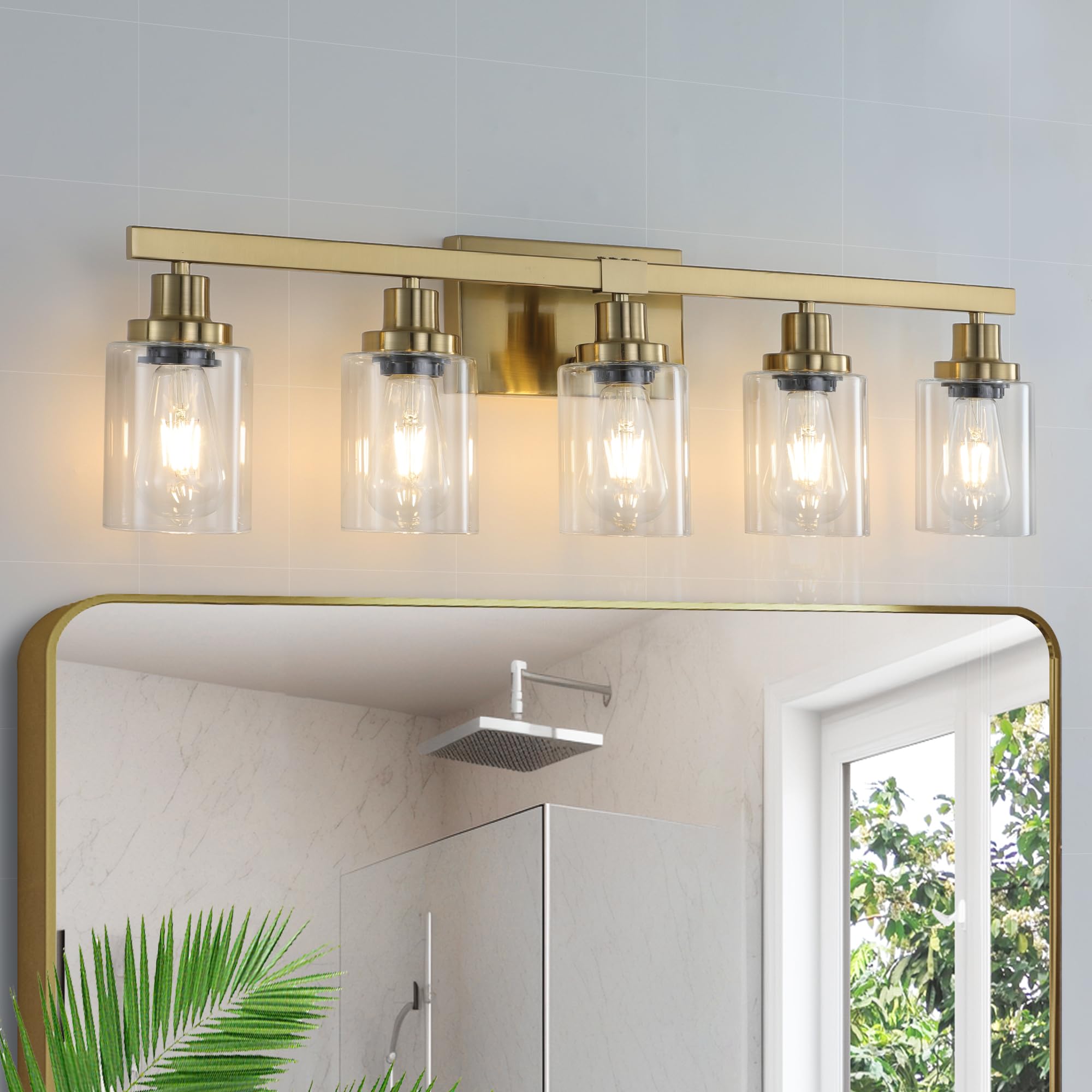 VDOQTLJT Golden 5-Light Vanity Fixture with Clear Glass Shades Modern Iron Wall Light for Bathroom or Dressing Table