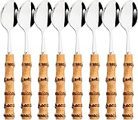 Vista 16 de Juego de 8 tenedores de ensalada de bambú natural, tenedor de postre para el hogar, boda, fiesta o restaurante, uso diario, acero inoxidable 304