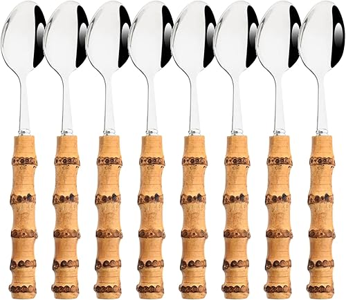 Miniatura 16 de 8 tenedores de cena, tenedor de mesa de acero inoxidable y bambú natural, esmalte de espejo reutilizable, elegante y exquisito tenedor de ensalada