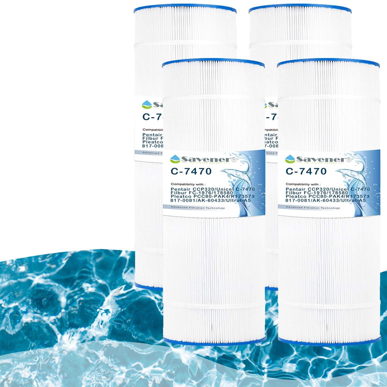 Savener® C-7470 Pool Filter Cartridge, Replaces Pentair CCP320, Unicel C-7470, Filbur FC-1976, PCC80-PAK4, R173573, 178580, 817-0081, AK-60433, Ultral-A5, 80 Sq. Ft, 4 Pack