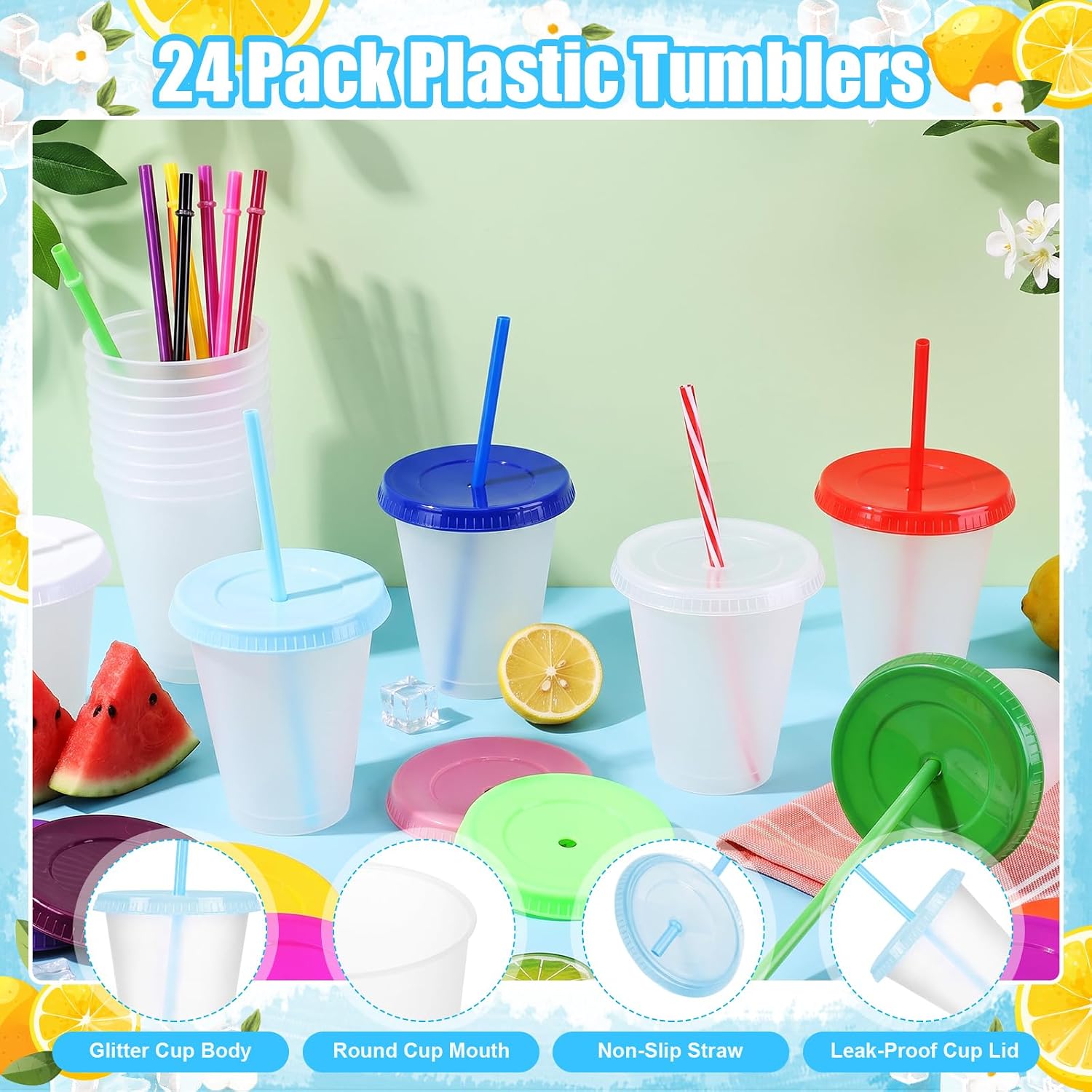 24 Pcs Plastic Tumblers with Lids and Straws, Reusable Cups with Lids Plastic Colorful Cups for Party Birthday, Iced Coffee Cup Travel Mug Cold Drink Cups Tumblers Bulk (16 oz, Clear Color)