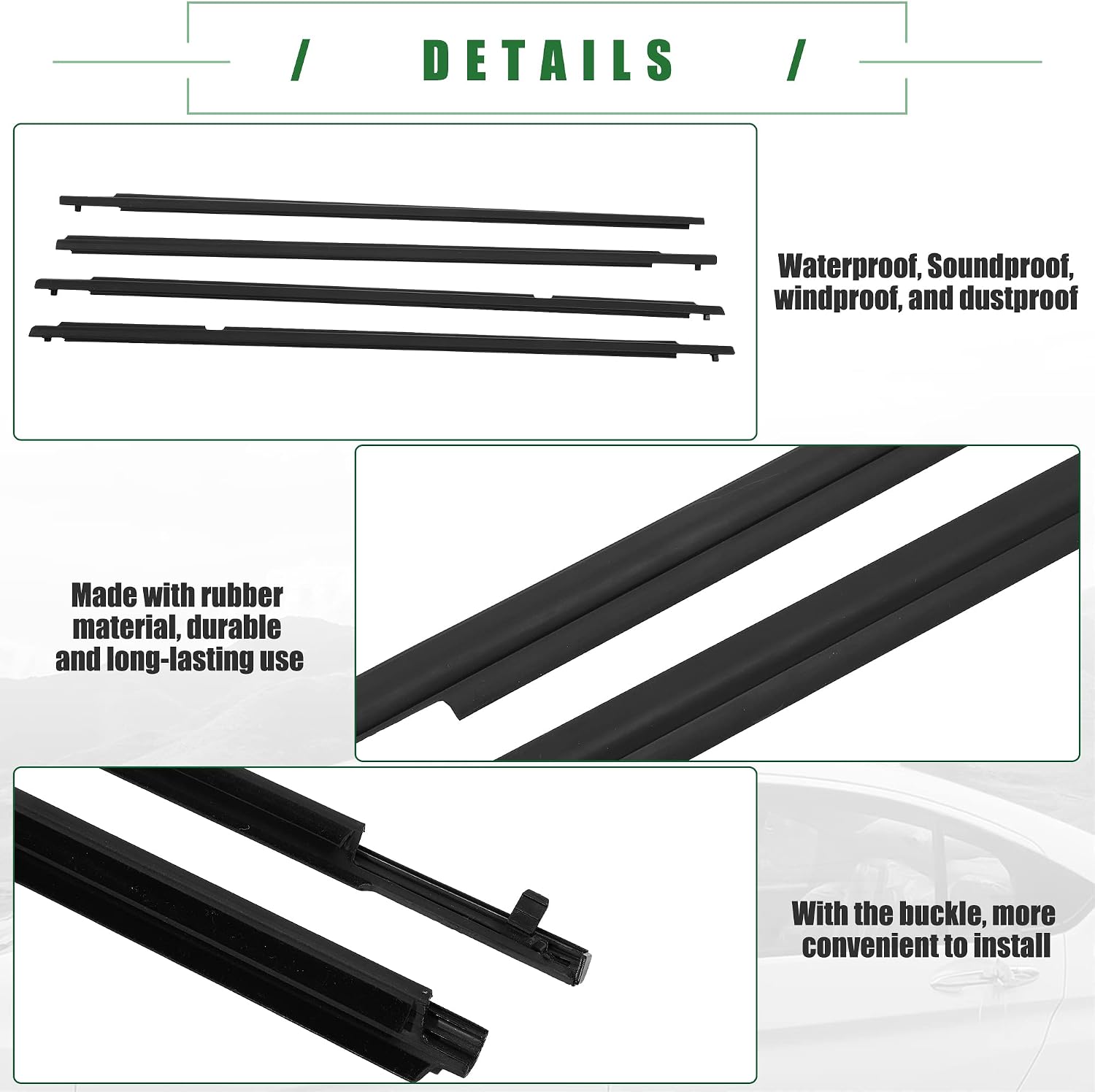Motoforti Weatherstrip Window Trim Seal Belt, Car Outside Weather Strip Seal Belt, for Toyota Corolla 2009-2013, Rubber, 75710-02210, 1 Set, Front Rear Left Driver Right Passenger Side