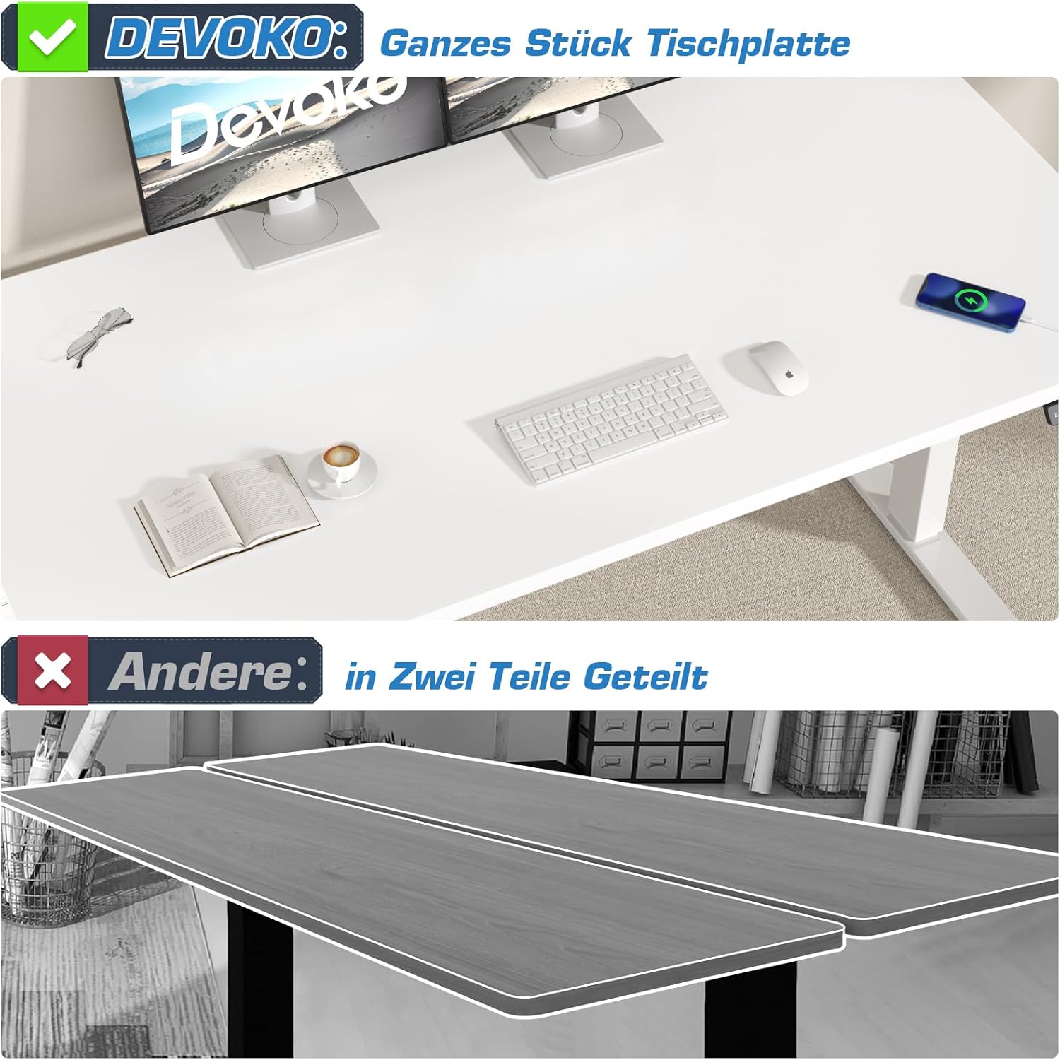 Comparison of Devoko's single-piece tabletop versus a multi-piece tabletop from another brand.