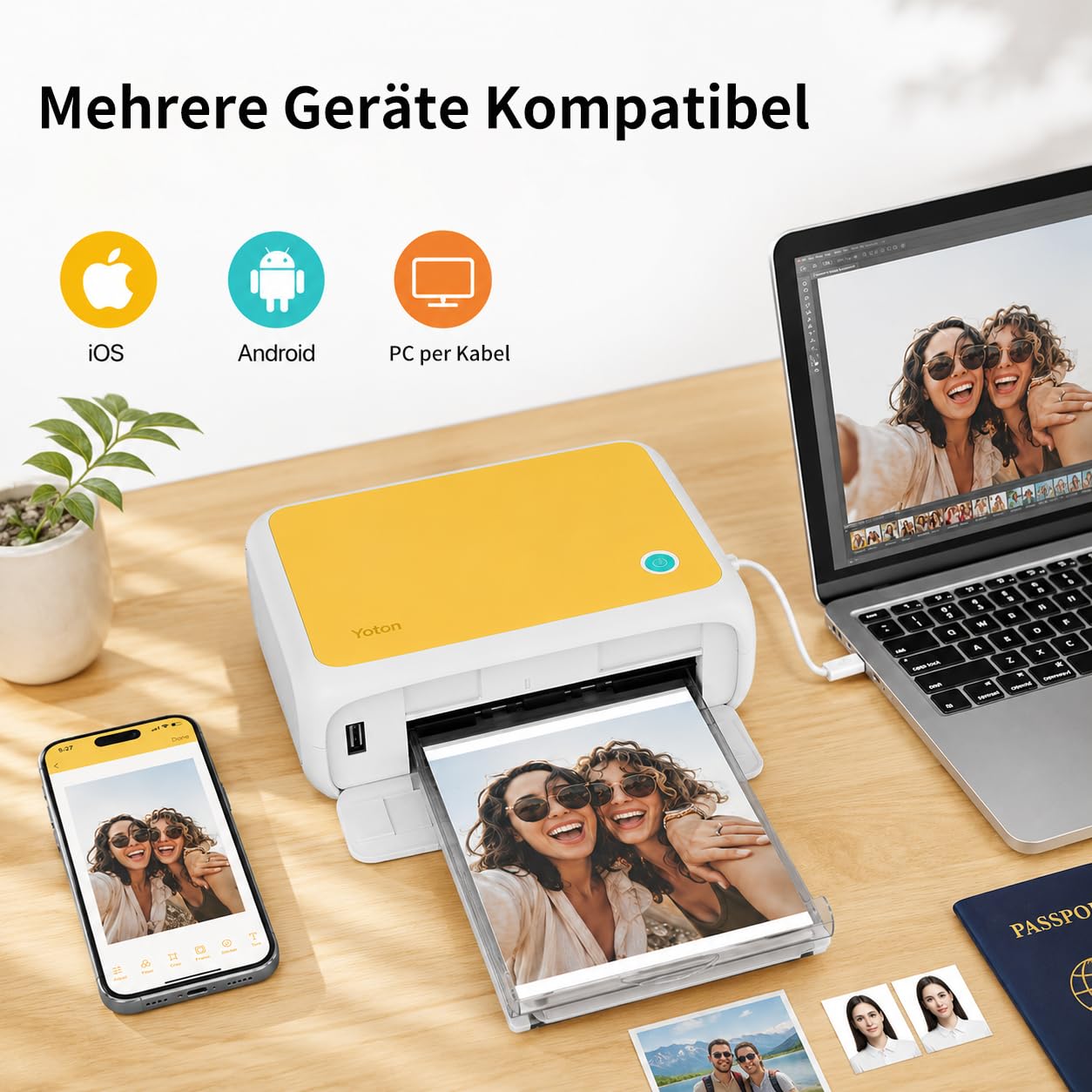 YOTON Fotodrucker für Smartphone, Mobiler Drucker mit 54 Stück Fotopapier (4"x6"), Unterstützt Ausweisfoto, 15s-AR-Videodruck und Wi-Fi-Verbindung,Verfügbar für iOS und Android Phones/Laptops (Gelb)