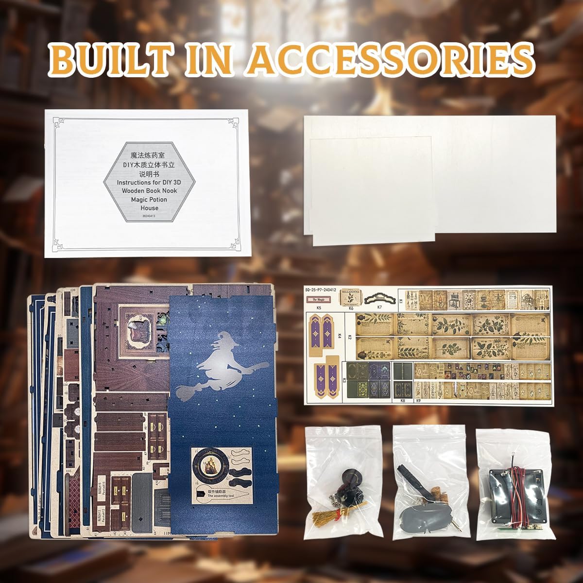 Contents of the Magic Potion House book nook kit, including instruction manual, wood sheets, and bagged accessory parts.