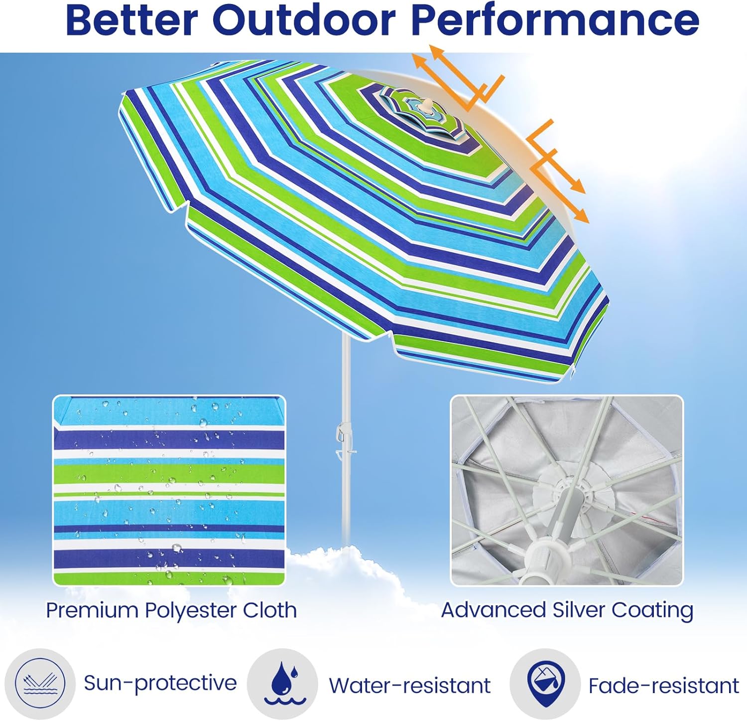 6.5 ft Beach Umbrella, Portable Umbrella Outdoor with Sand Anchor, Sun Protection, Push Button Tilt & Carry Bag, Sunshade Parasol for Beach, Patio, Garden, Poolside & Yard