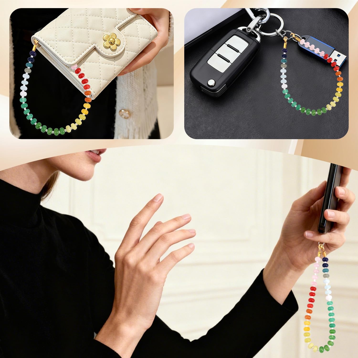 Penitue Natural Stone Phone Chain Charm, Length 11.30in/28.7cm Stylish Multi-Color Bohemian Beaded Phone Wrist Strap with Tether for Smartphone Decor Detachable Wristlet Strap