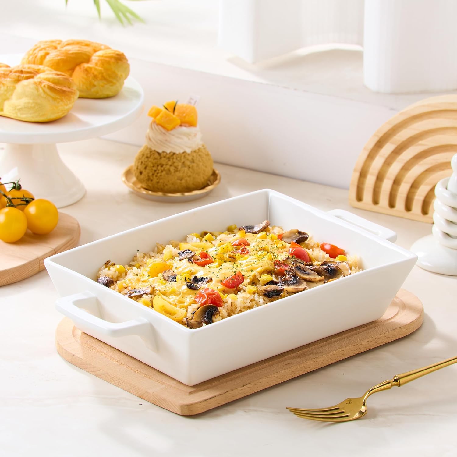 1.8 Qt Rectangular Ceramic Baking Dish, 9.9x7.5 Inch Deep Casserole Lasagna Pan with Handles for Cooking, Roasting, Serving, and Daily Use, Safe for Oven Microwave Dishwasher Freezer