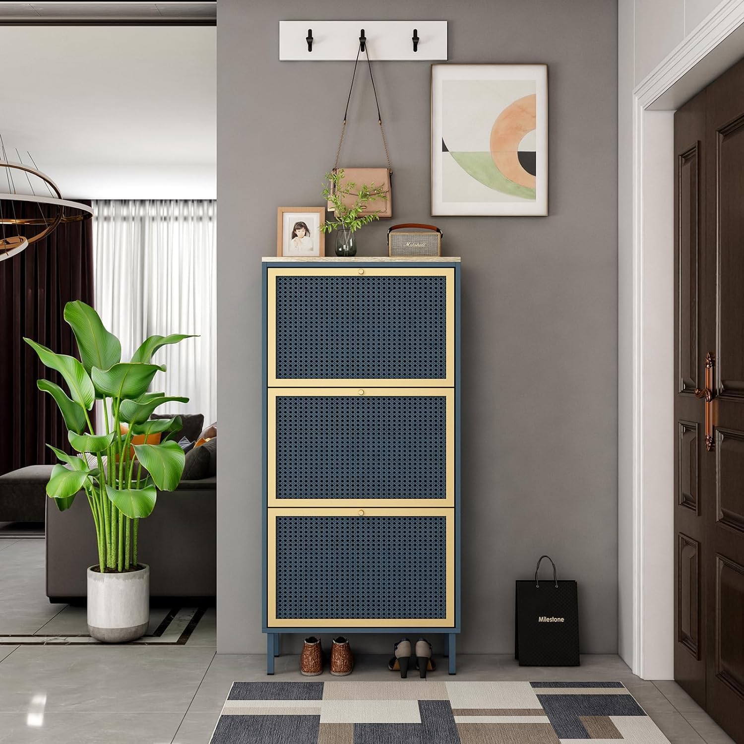 Natural Rattan Shoe Cabinet with 3 Flip Drawers, Entrance Hallway Free Standing Shoe Racks with Metal Legs for Heels, Boots, Slippers (Blue)