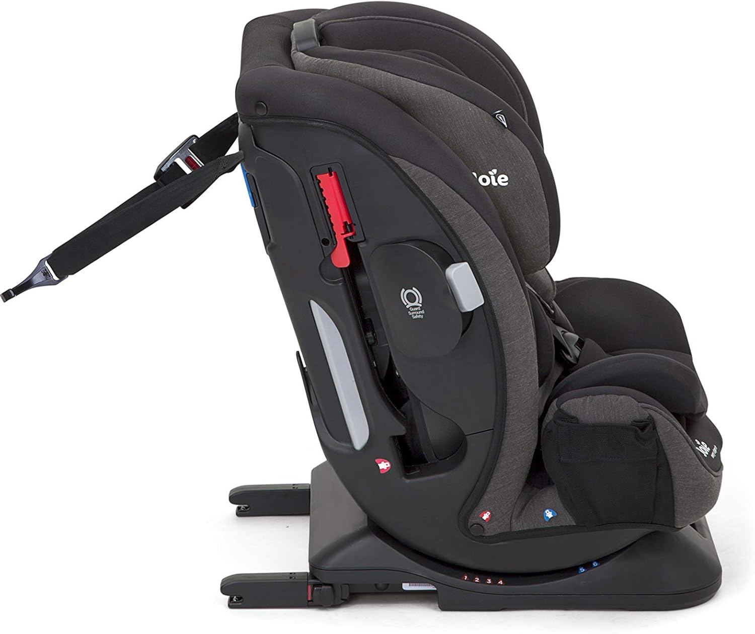 Side view of the Joie Every Stage FX Car Seat showing the ISOFIX release lever and recline adjustment mechanism.