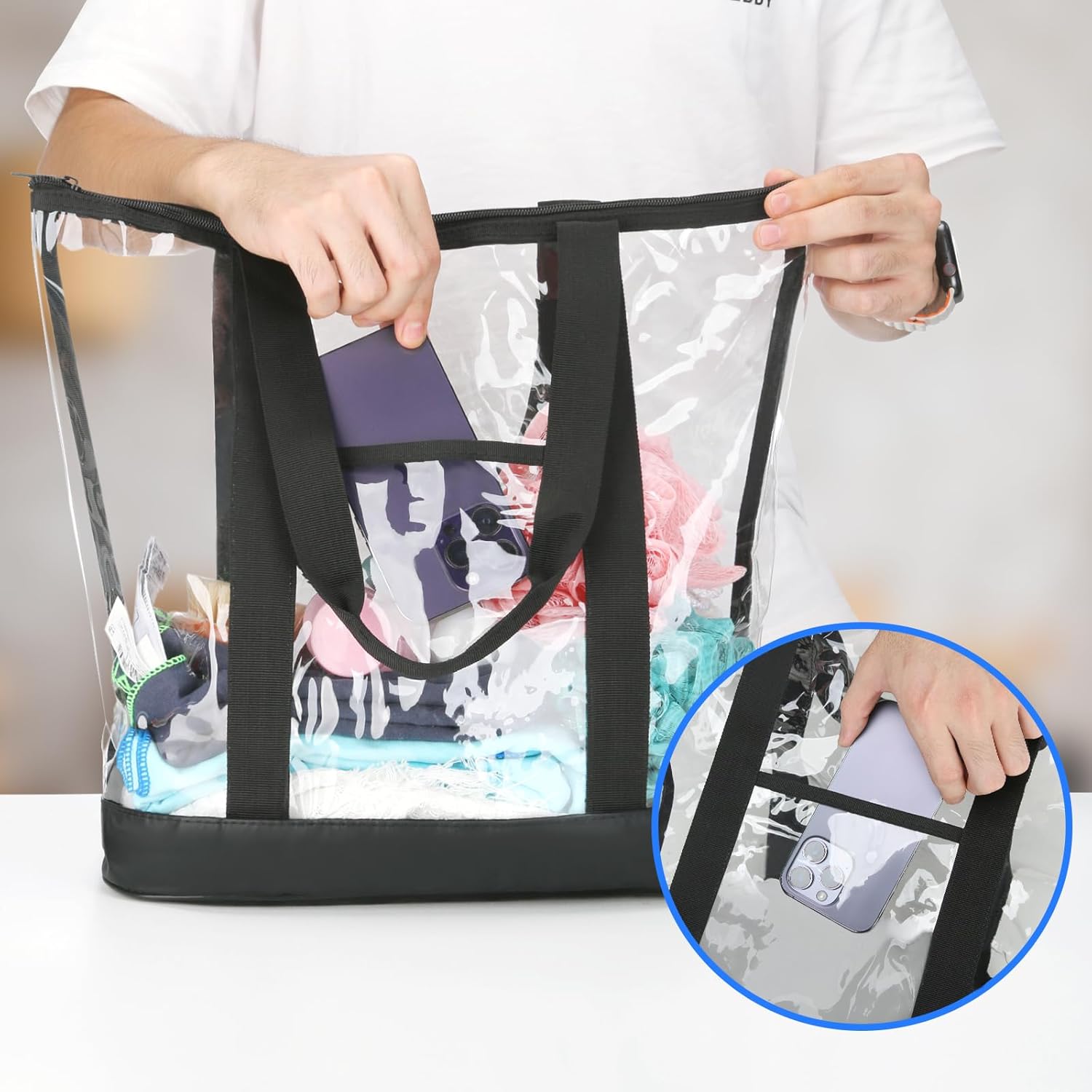 HAOGUAGUA Extra Large Clear Cosmetic Toiletry Makeup Travel Bag, Waterproof Transparent Plastic PVC Tote Shoulder Bag with Handles (BLACK) - Image 2