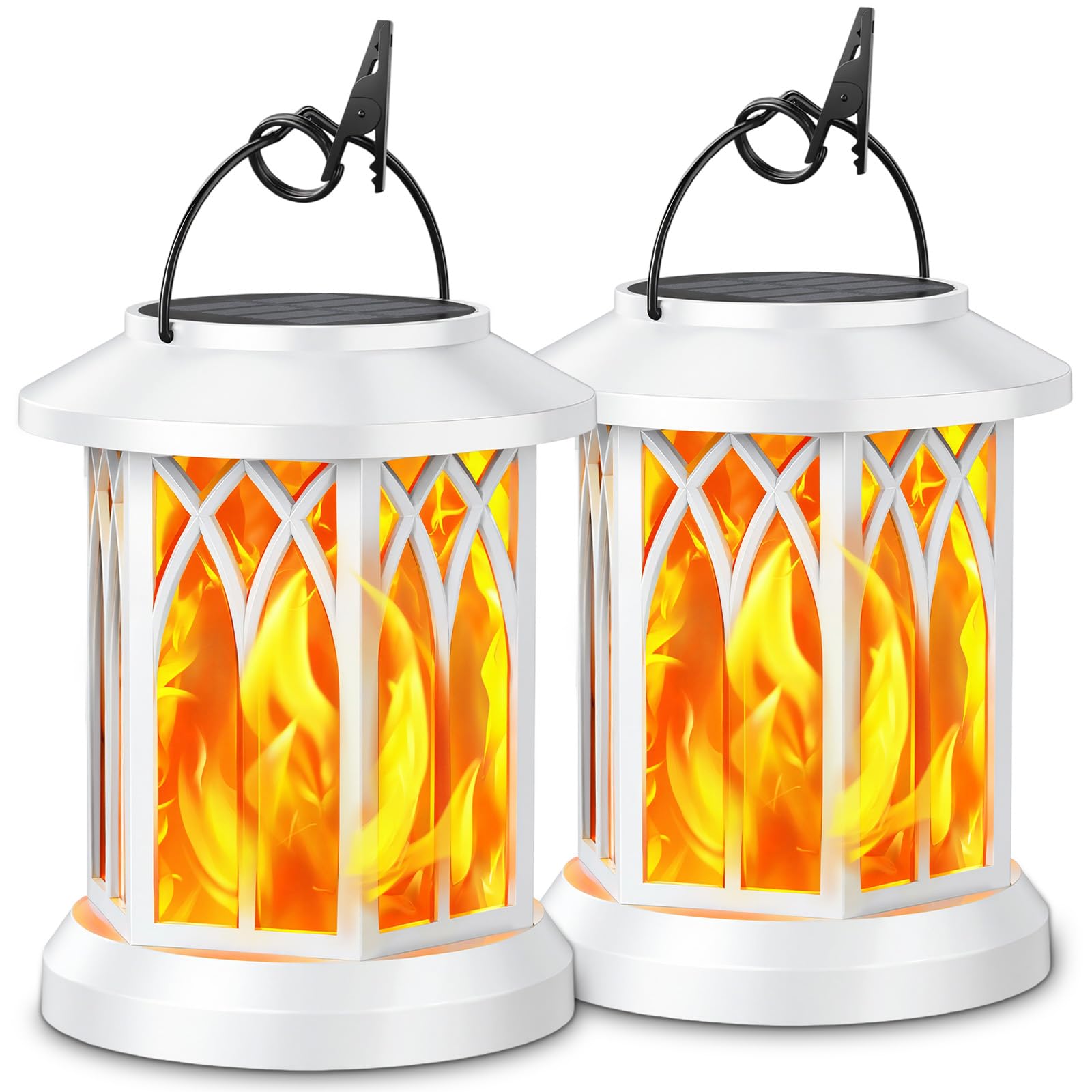KOOPER Hanging Solar Lights Lantern Outdoor, 2 Pack Flickering Flames Solar Outdoor Lights, Solar Lanterns Outdoor Waterproof with Bigger Panel, Lanterns Decorative Outdoor for Garden Decor (White)