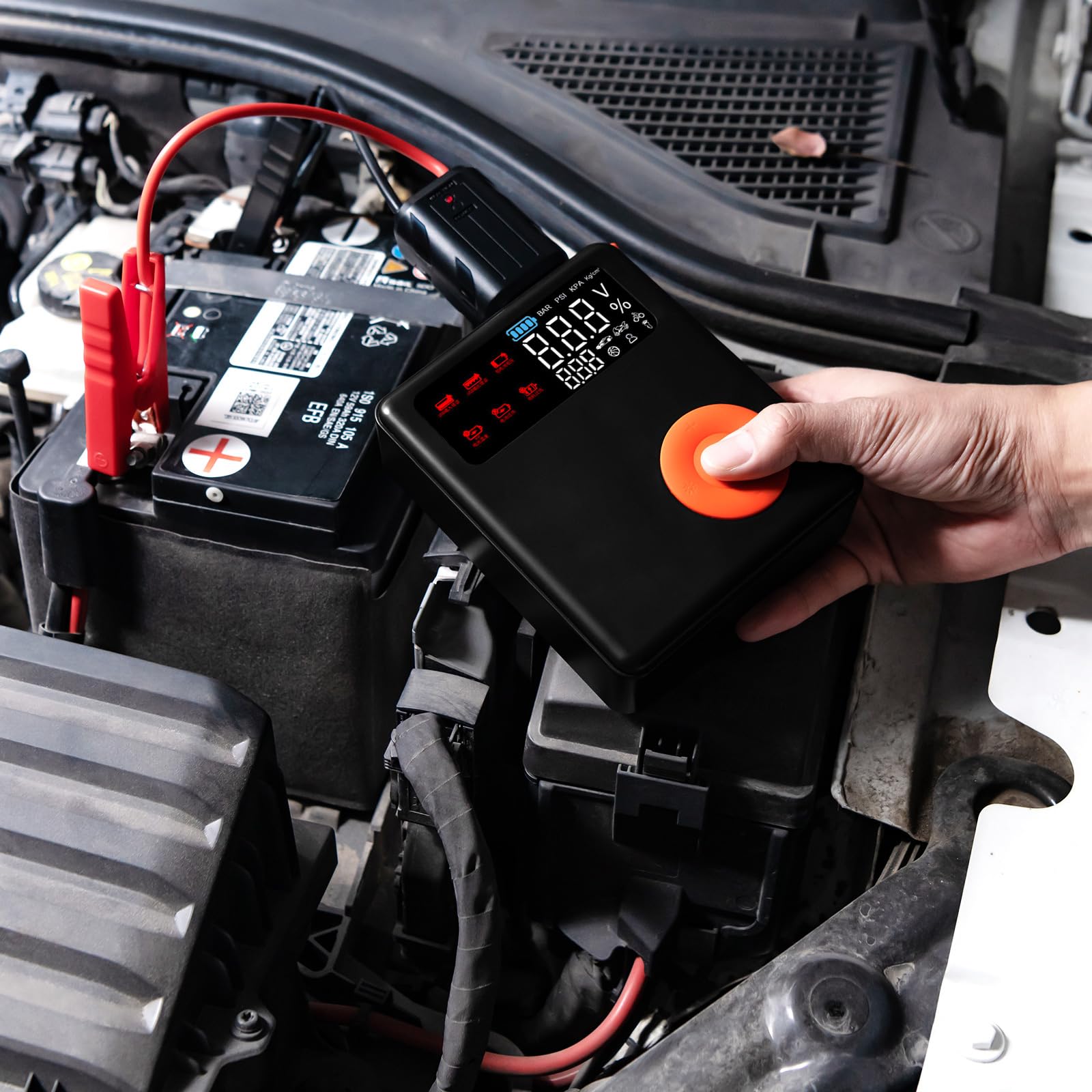 GYMAX Arrancador de Baterías para Coche, 2000A, 12V (para Motores de hasta 8.0L de Gasolina o 5L de Diésel), Arrancador de Coches Portatil con Carga Rápida USB y Linterna LED de Emergencia