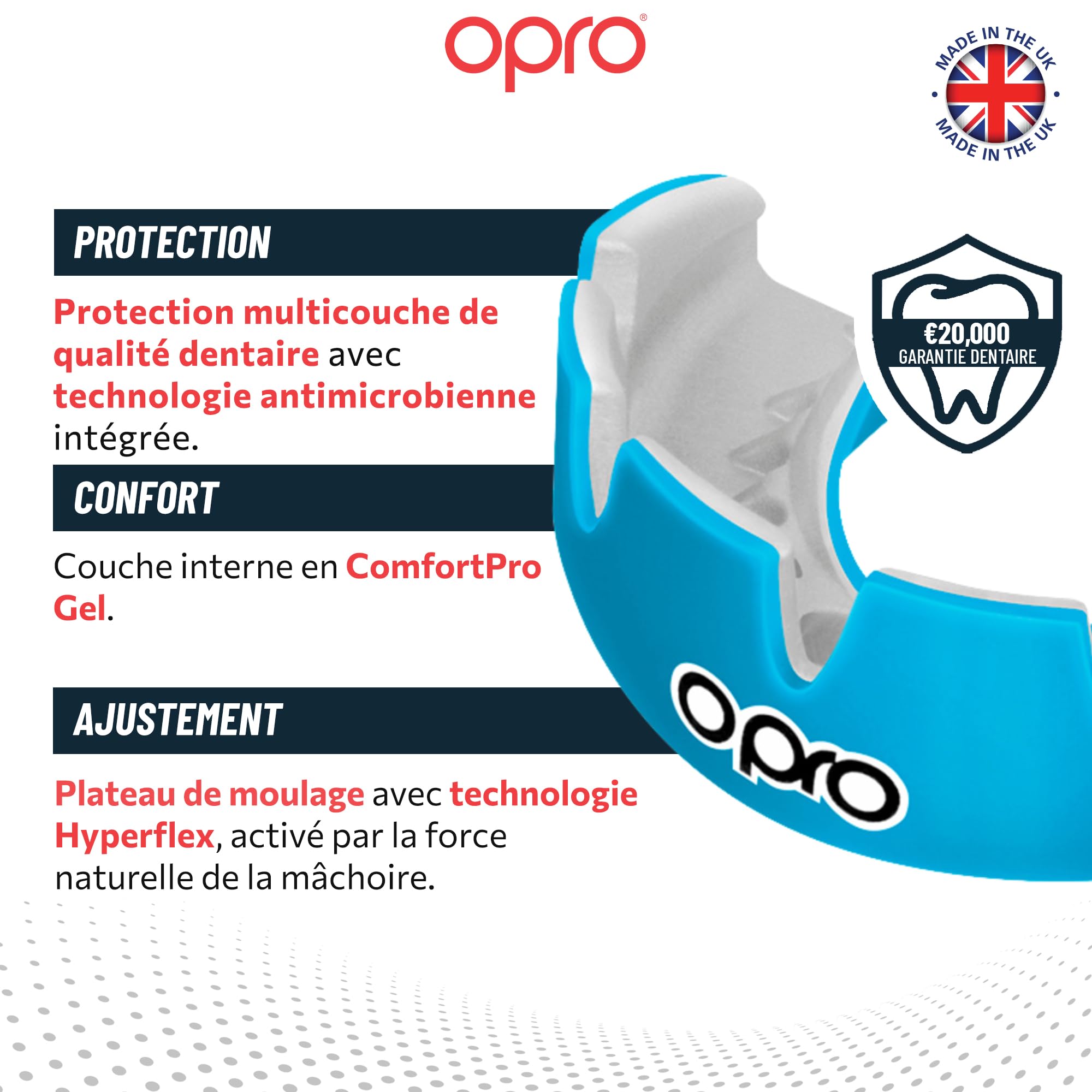 OPRO Protège-Dents pour Appareil Dentaire Instant Custom-Fit - Adultes et Enfants (+ 10 Ans) - Boxe, MMA, Rugby, Hockey - Moulage Rapide - Garantie Dentaire Incluse