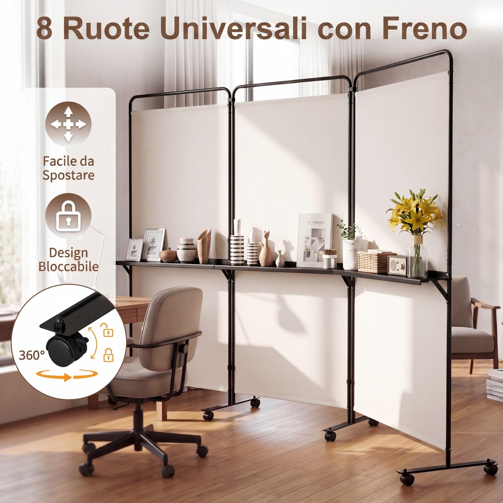 COSTWAY Paravento Interno 3 Ante con 8 Ruote Bloccabili e Ripiani (Bianco) | Separe Divisorio Pieghevole con Scaffale Portaoggetti, Tessuto Resistente e Opaco per Salotto, Camera da Letto e Ufficio