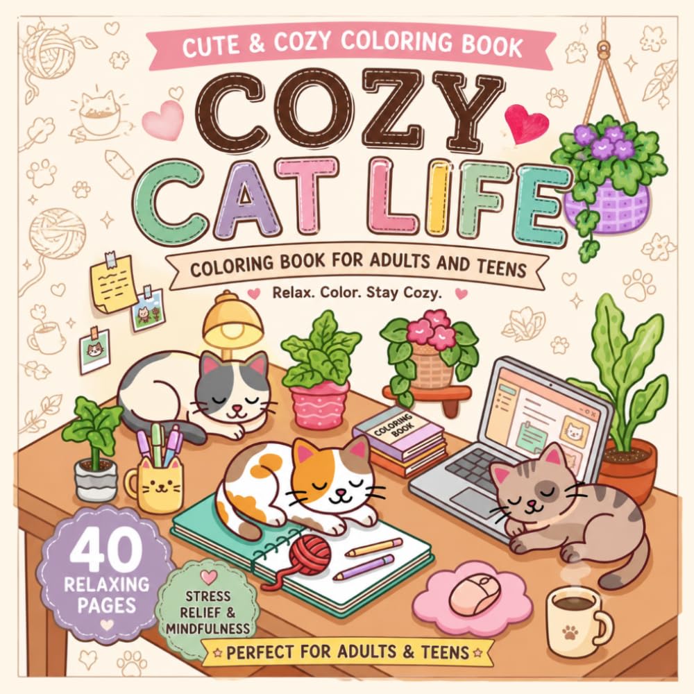 Cozy Cat Life Coloring Book for Adults and Teens: 40 Cute and Cozy Cat Coloring Pages for Relaxation, Stress Relief, Mindfulness, and Fun
