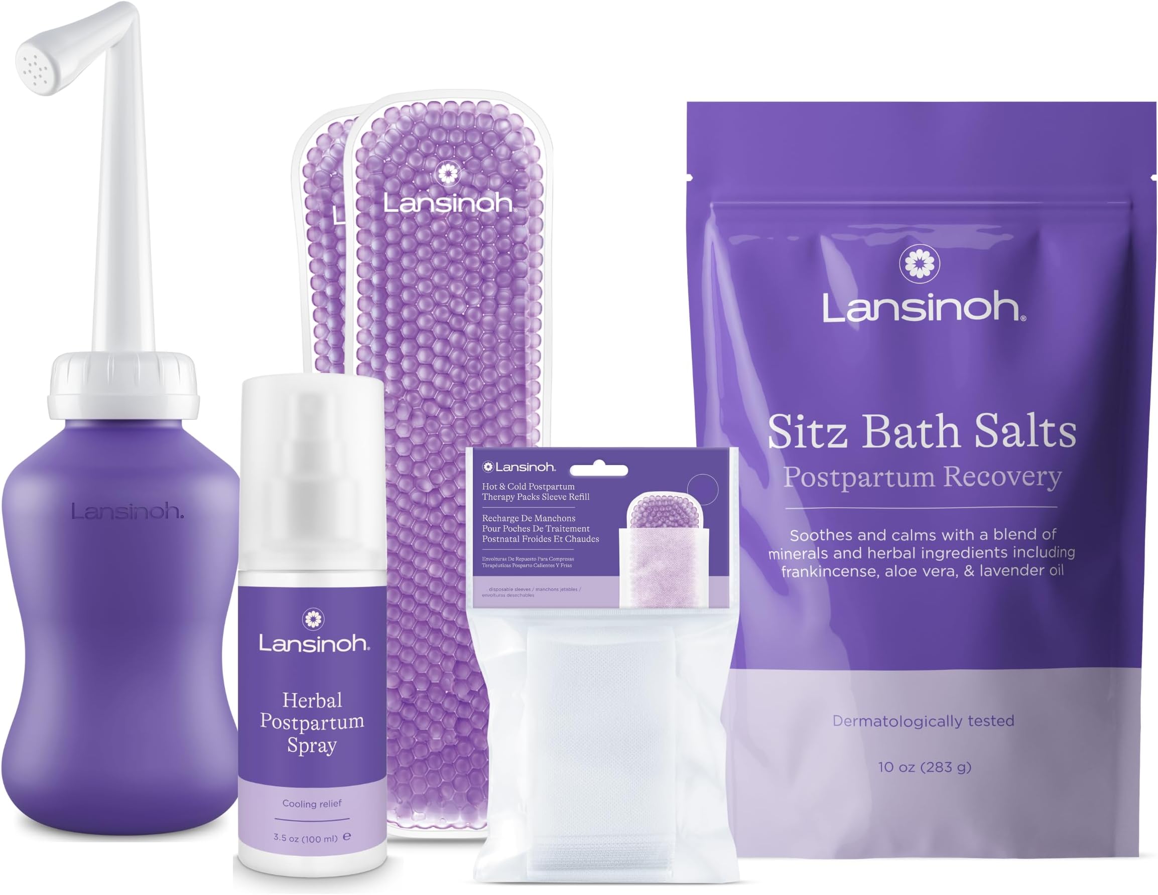 Lansinoh Postpartum Essentials Kit + Sitz Bath Salts, Postpartum Essentials, Postpartum Care Kit for Mom, Soothing & Calming Epsom Salts with Lavender Oil, Frankincense & Aloe Vera