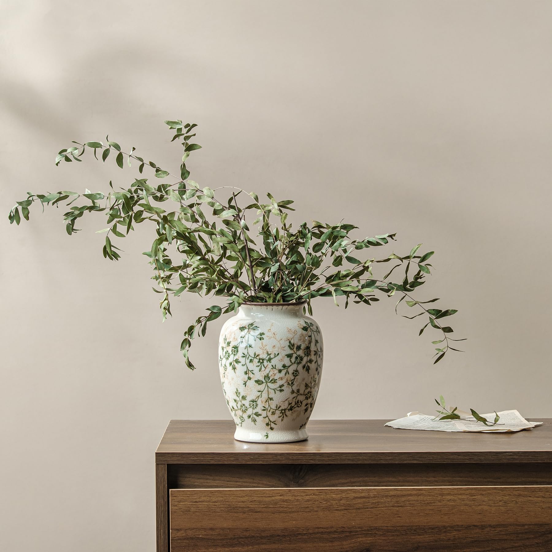 Vintage Green and Beige Vase, Round Ceramic Floral Vases, Retro Ice Cracked Chinoiserie Vase for Home Decor, Living Room, Bookshelf, Office, Grand Millennial Decor, Rustic Table Centerpiece 8 Inch