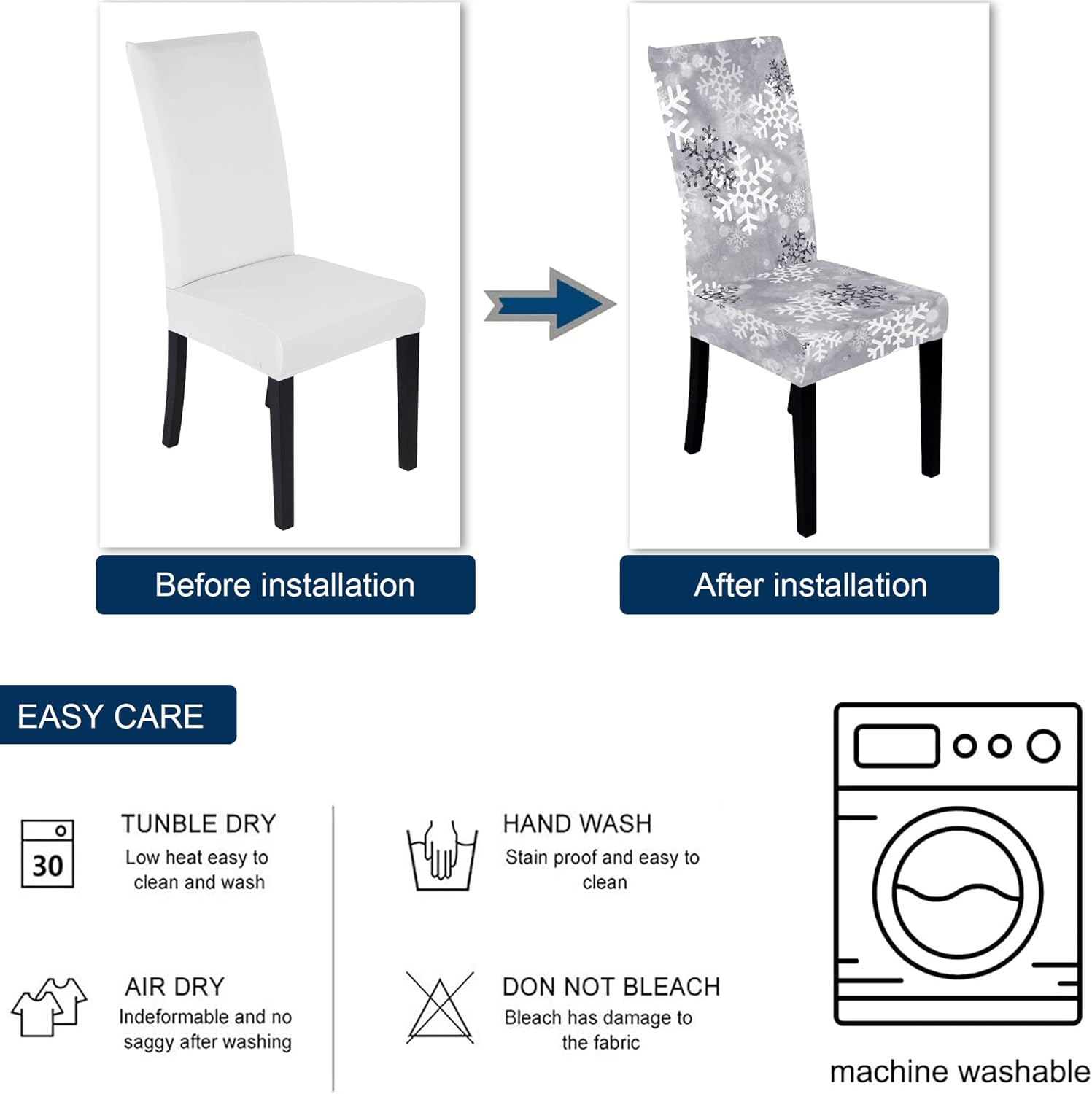 Muuyi Christmas Chair Covers Set of 6 Stretch Dining Room Chair Covers, Washable Protector Cover Seat Slipcover for Hotel, Dining Room, Ceremony, Banquet Wedding Party, Snowflake - 6Pack