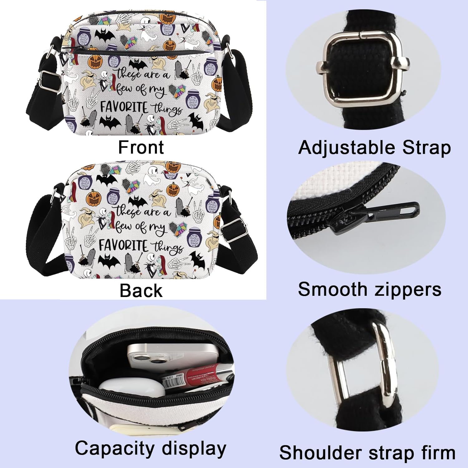 ENSIANTH Horror Movie Inspired Crossbody Purses Bag Spooky Gift Zero Ghost Dog Gift Skull Lover Gift (Night thing H CB) - Image 6