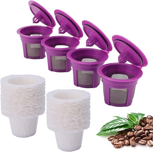 Heatyly Paquete de 4 cápsulas de café reutilizables K Cup con 100 filtros de papel de café desechables, compatibles con cafetera Keurig de una sola
