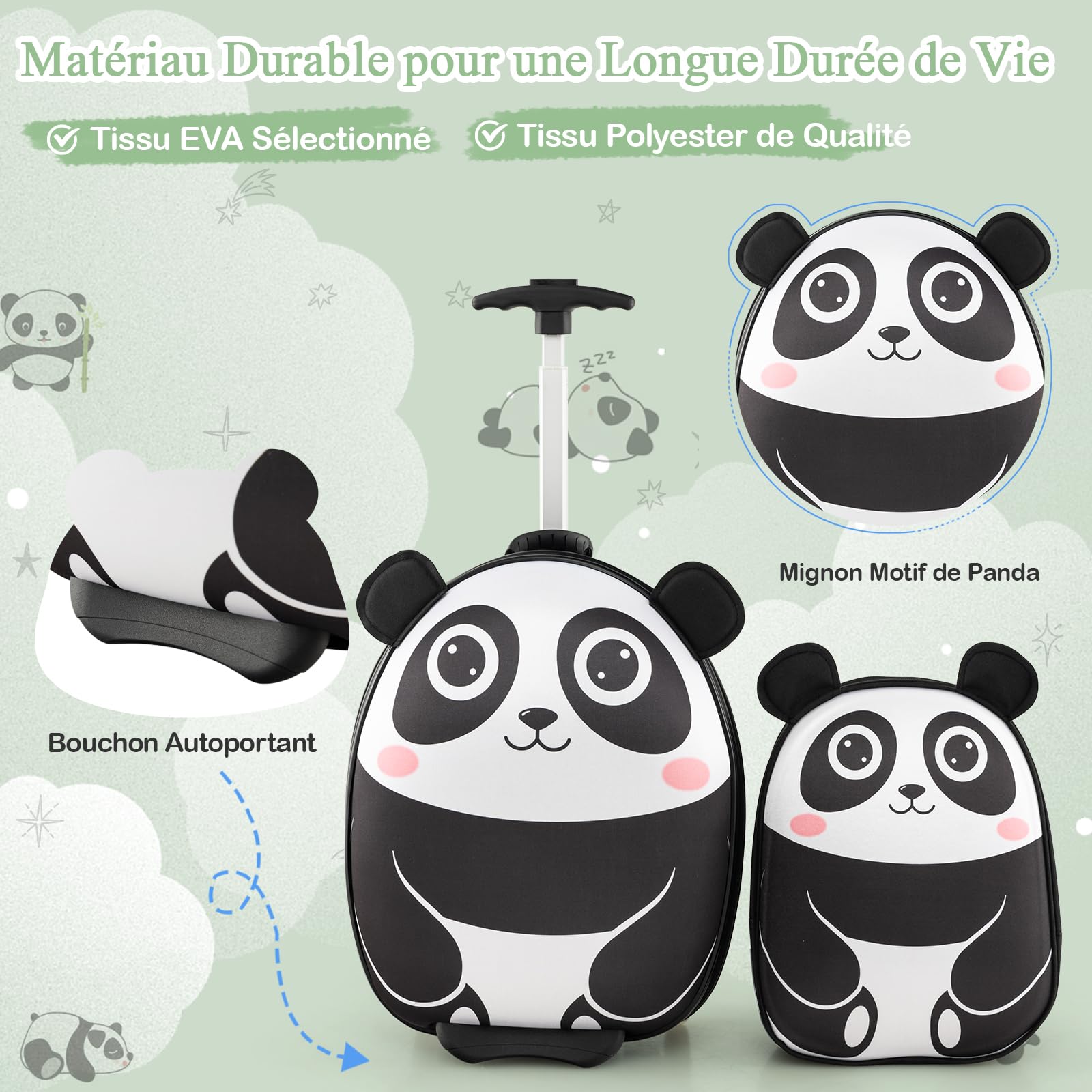 SOARS Valise Enfant 16" + Sac à Dos 12", Valise Cabine Enfant à roulettes avec Poignée Télescopique à 3 Niveaux, Matériau Robuste Léger de 1,5 KG, Valise Enfant Fille &Garçon 3+ Ans, Panda