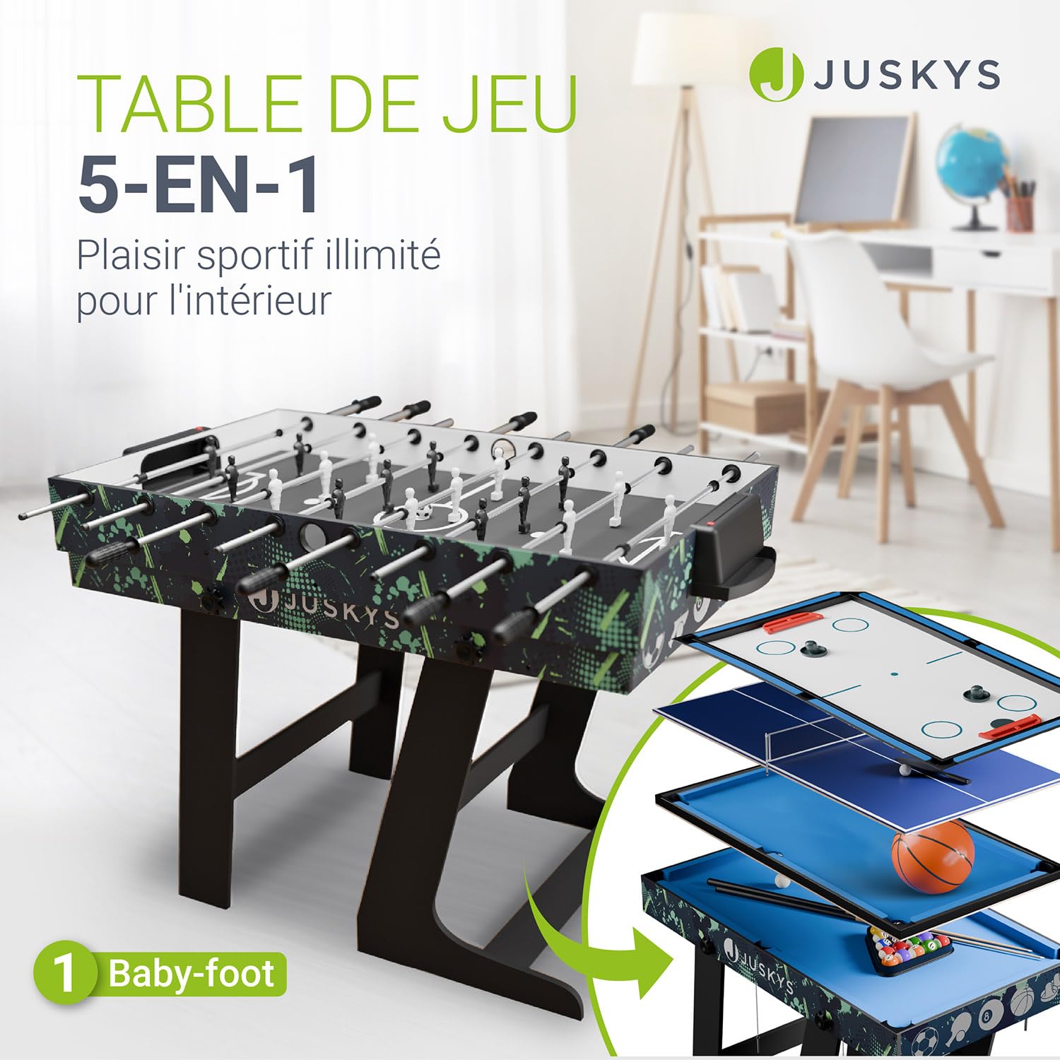Juskys Table Multi-Jeux Ballzauber 5-en-1 - Table Pliante pour Enfants avec 5 Tables : ping-Pong, Baby-Foot, Billard, Hockey & Basket