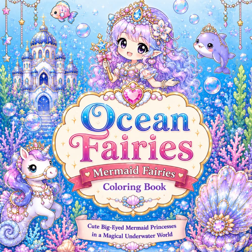 Ocean Fairies – Mermaid Fairies Coloring Book: Cute Big-Eyed Mermaid Princesses in a Magical Underwater World