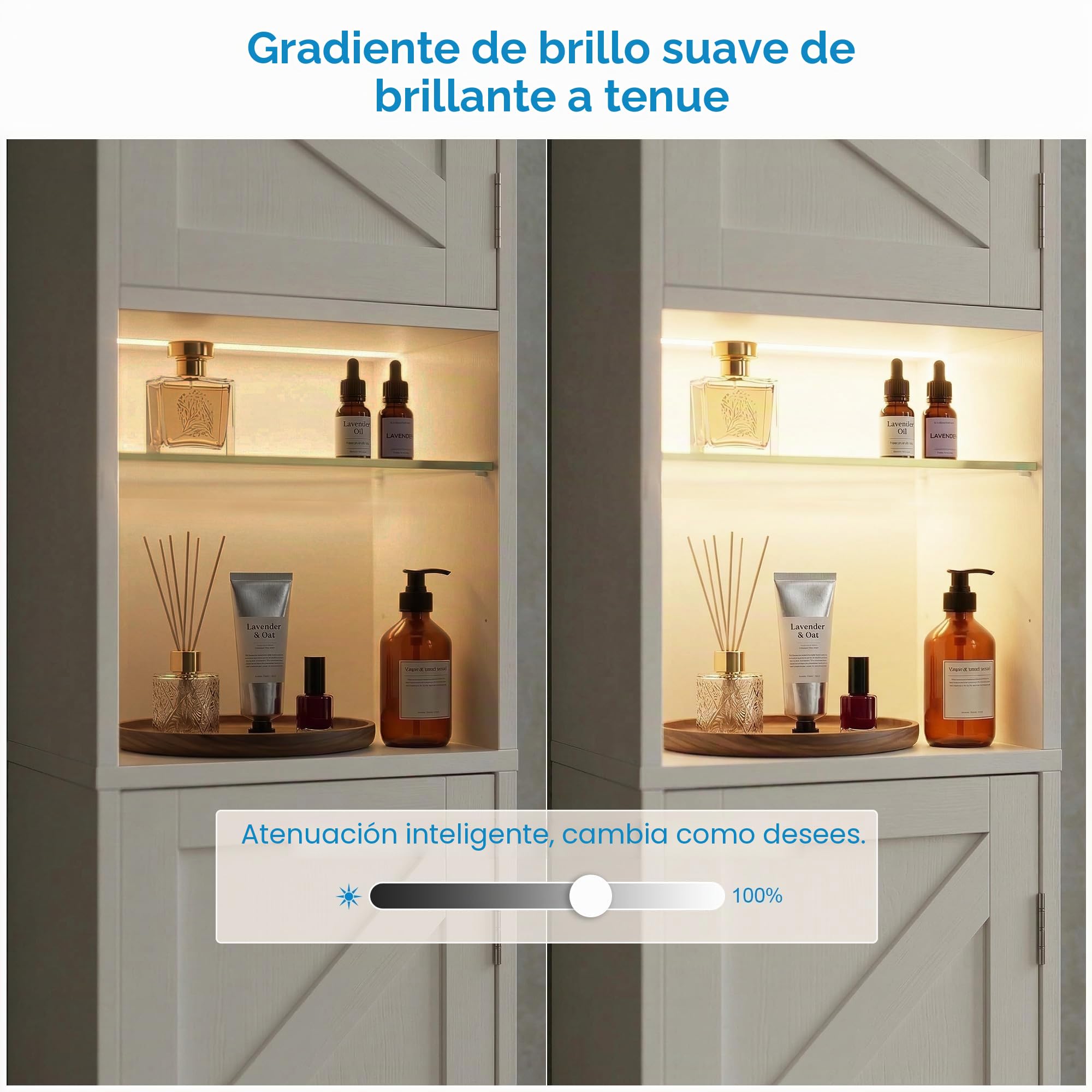 Armario Baño Estrecho con LED, 170x40x30 cm, Mueble Baño Madera, Estantería Nicho con Estantes Cristal Regulables, Armario Alto Multifuncional para Salón, Dormitorio y Baño