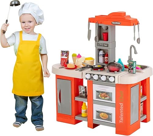 Costzon Juego de cocina para niños, 67 piezas de juguetes de cocina con fregadero de juego, luces realistas, sonidos de simulación de vapor de