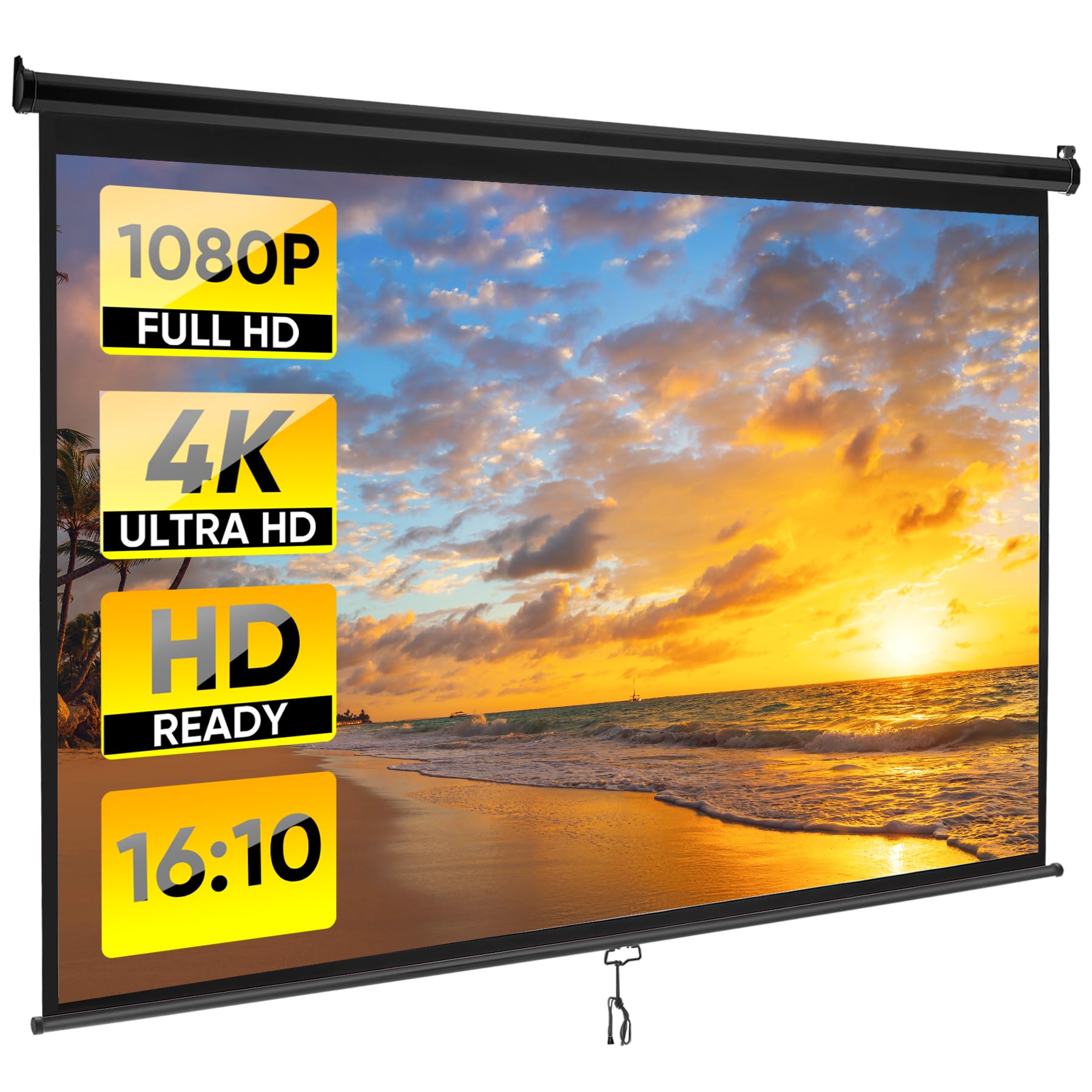 100" 16:10 HD Manual Projector Screen with Auto Lock Anti-Crease Home Theater Office Wall Mounted Ceiling Pull Down Projection 1.1 Gain Matte Black
